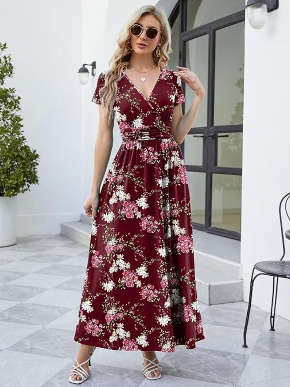Women's 2026 Wrap V Neck Maxi Dress Short Sleeve Empire Waist Flowy Summer Long